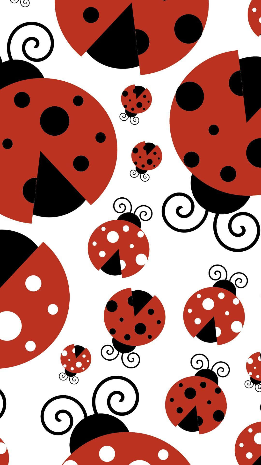 ladybug 桌布 壁紙 — 一個有趣的圖案，由風格化的紅色瓢蟲組成，帶有黑色和白色斑點，位於乾淨的白色背景上。