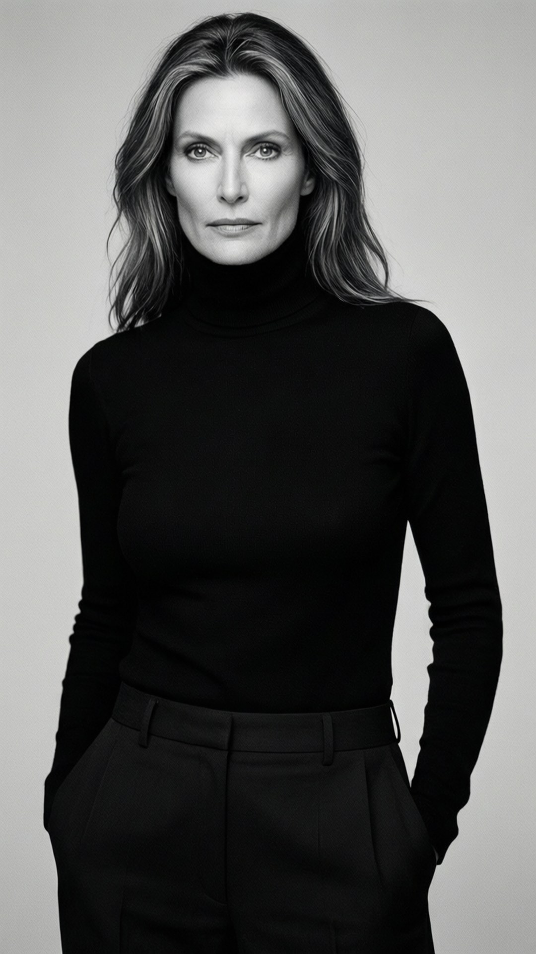 Tatjana Patitz 桌布 壁紙 — 一位穿著黑色高領毛衣和長褲的優雅女士，雙手插袋，站在中性灰色背景前。