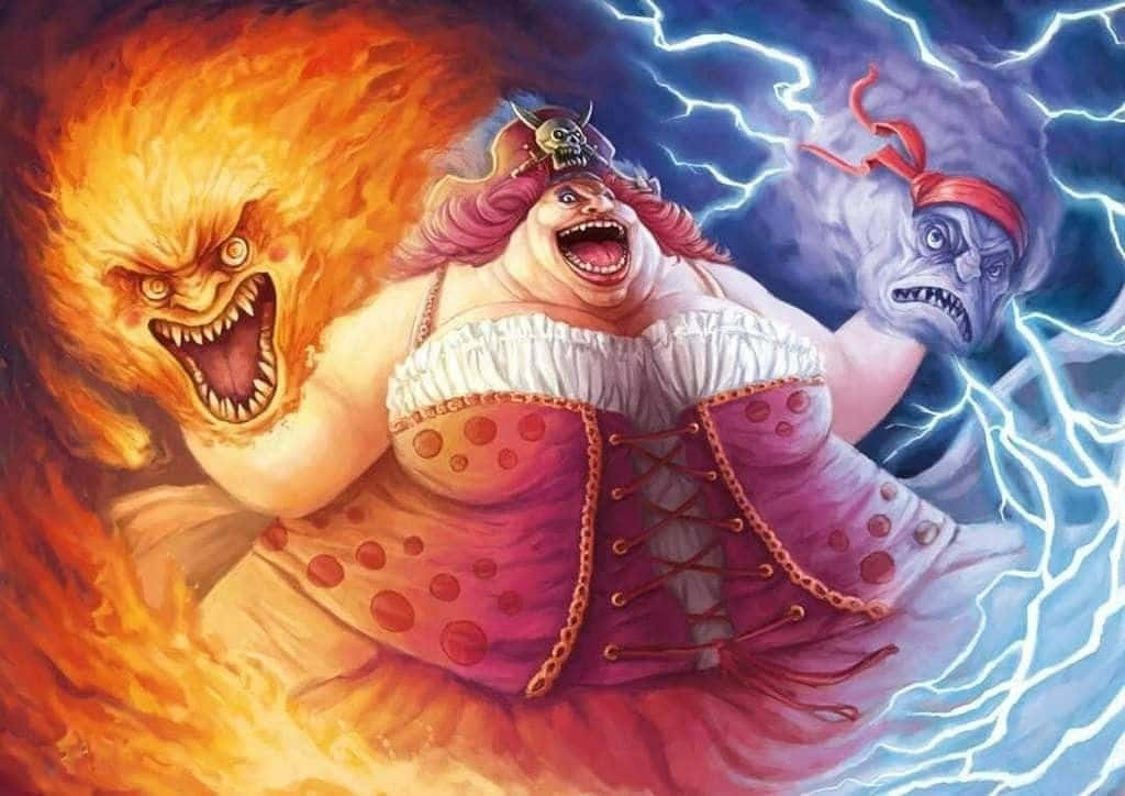 動漫海盜女王從她的手臂釋放火焰和閃電惡魔。