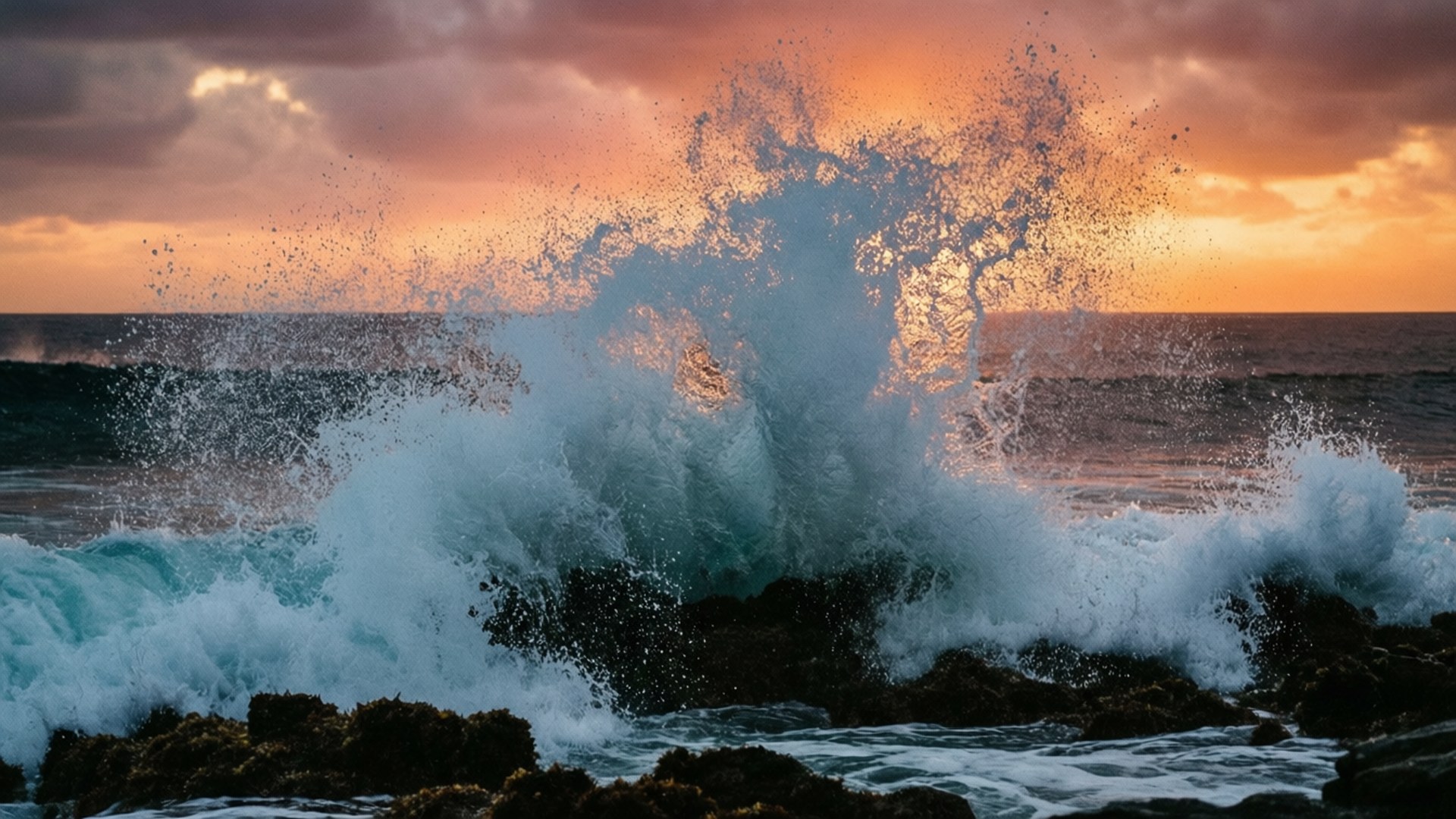 True Ocean Wave 壁紙 — 一道強勁的海浪在日落時分拍打著暗色岩石，將金色光芒投射在碧綠的海水和白色泡沫上。