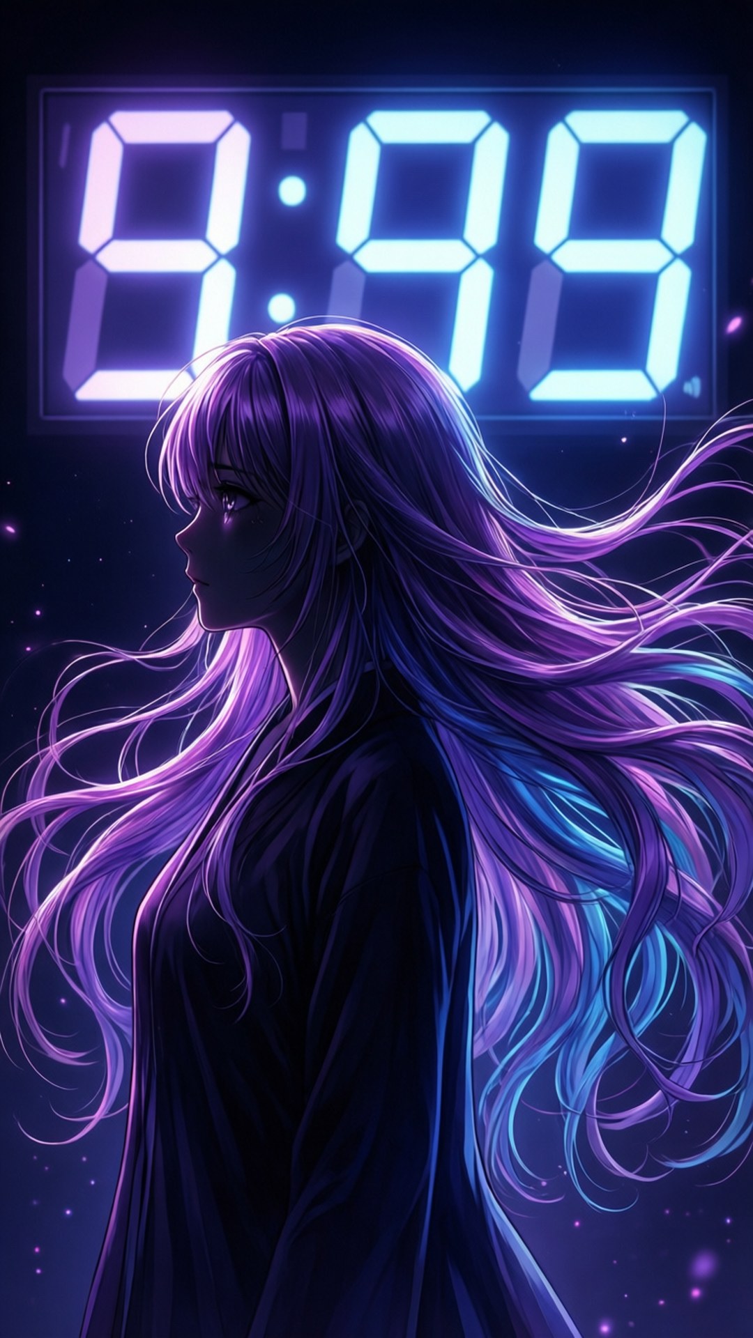 夜晚在發光數字時鐘下顯示9:99的紫色頭髮動漫女孩。