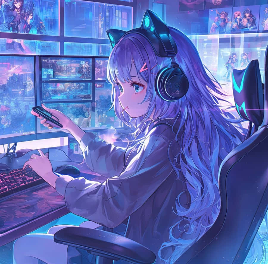  壁紙 — 一位紫髮貓耳動漫女孩在充滿屏幕的霓虹燈科幻房間裡玩遊戲。