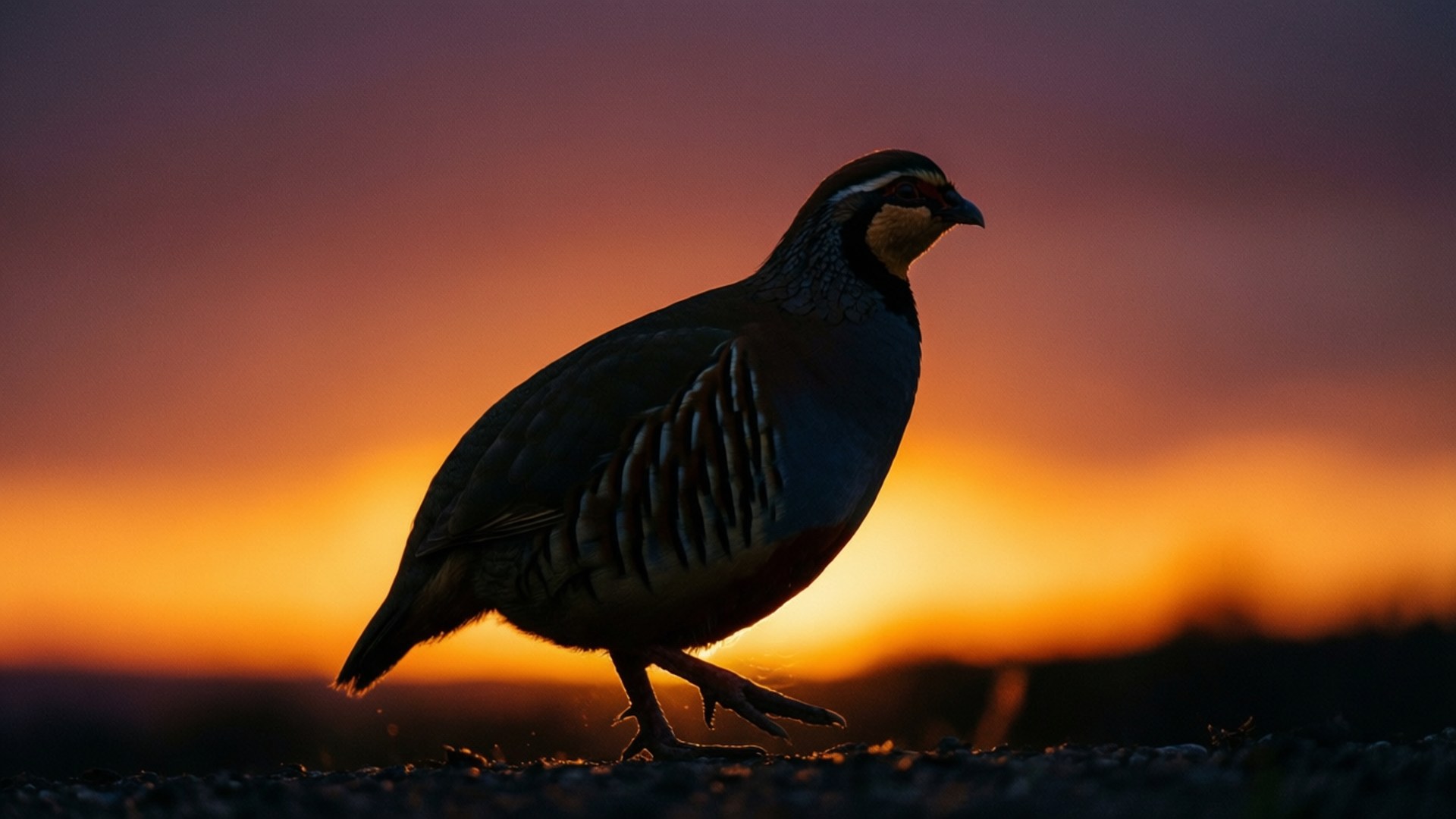 Partridge 桌布 壁紙 — 一隻鵪鶉在火熱的日落天空背景下呈現剪影，帶有溫暖的橙色和紫色色調。