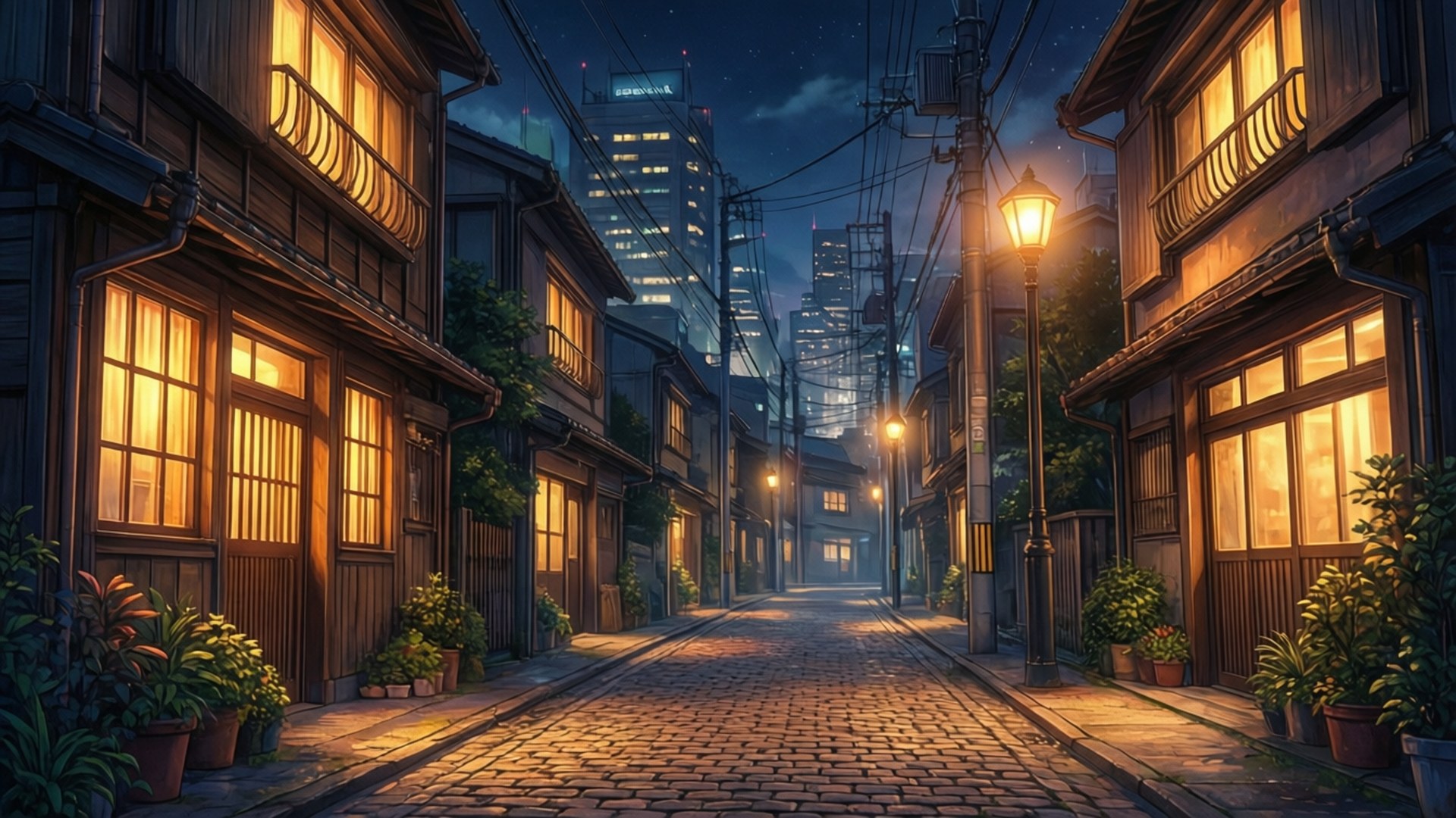 一條寧靜的夜晚街道，窗戶發光，復古路燈。