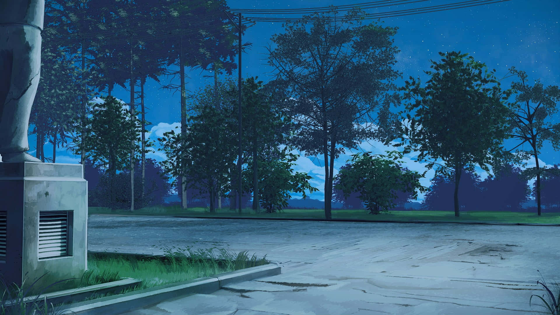  壁紙 — 一個寧靜的夜晚場景，有裂開的人行道、樹木和星空下的雕像。