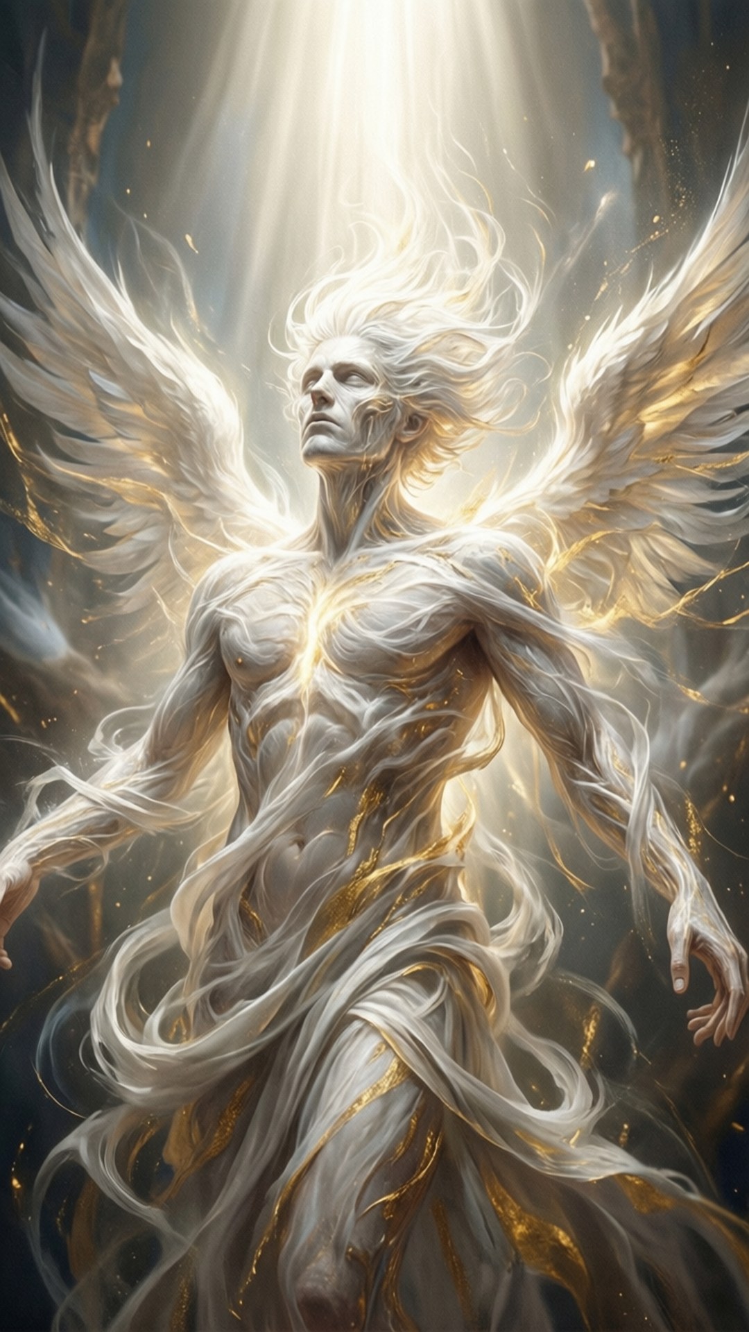 Ymir 桌布 壁紙 — 一位擁有白色和金色翅膀的光輝天使，在神聖的光中升上，呈現天國場景。