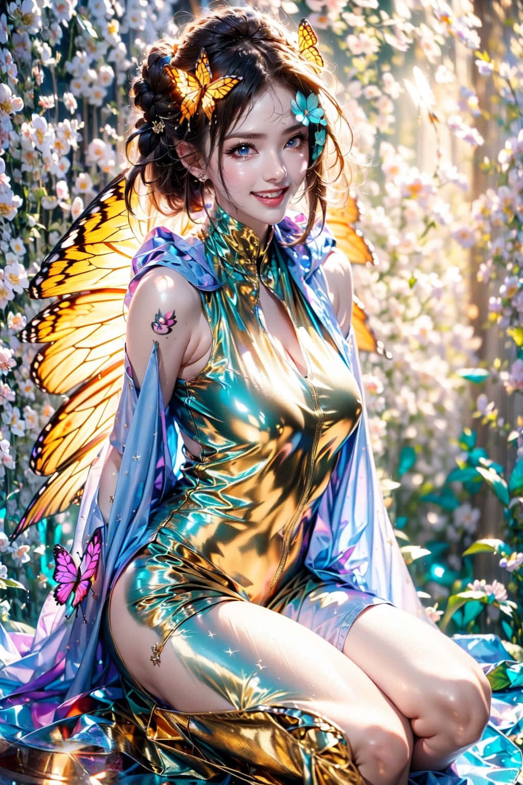 一位身穿閃亮藍金色服裝的蝴蝶仙子，被櫻花環繞。 — 唯美蝴蝶動圖 壁紙