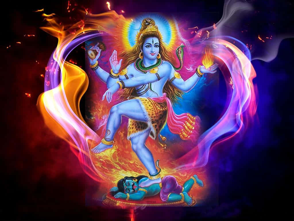  壁紙 — 一位閃耀藍膚的印度教神祇在惡魔之上起舞，周圍環繞著旋轉的火焰和宇宙能量，呈現於生動的數位藝術作品中。