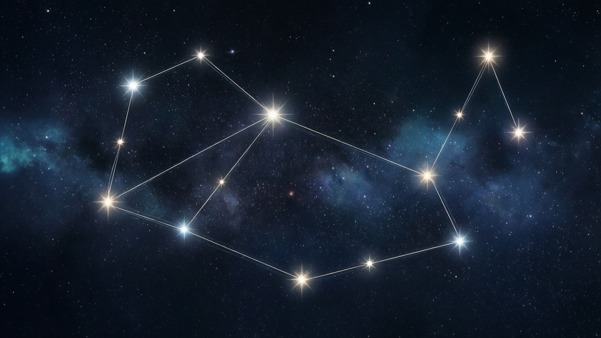 在繁星點點的夜空中，一個發光的星座圖案與多彩的星雲。