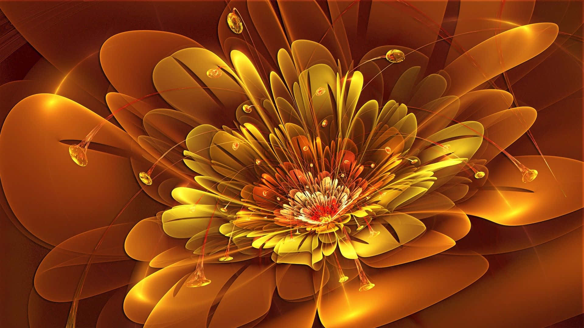 Abstract Rose 桌布 壁紙 — 一朵燦爛的金色分形花朵在溫暖的琥珀色背景上綻放，帶有發光的花瓣和複雜的光跡。