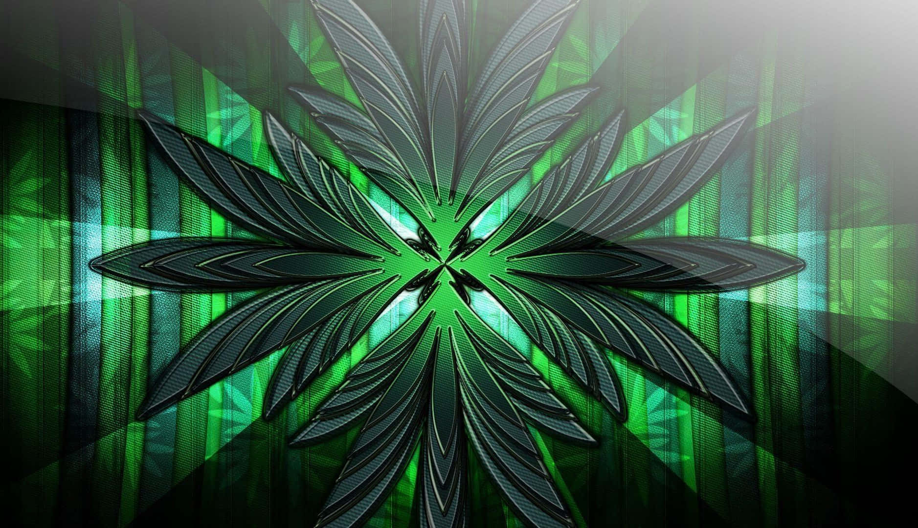  壁紙 — 一個發光的綠色分形葉片圖案，在發光的漸變背景上向外輻射。
