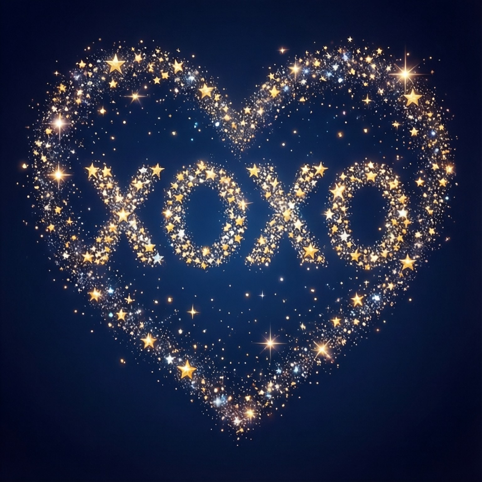 Xoxo 桌布 壁紙 — 一個由閃爍金色星星組成的光芒四射心形，裏面有發光的 XOXO 字母，背景是深藍色。