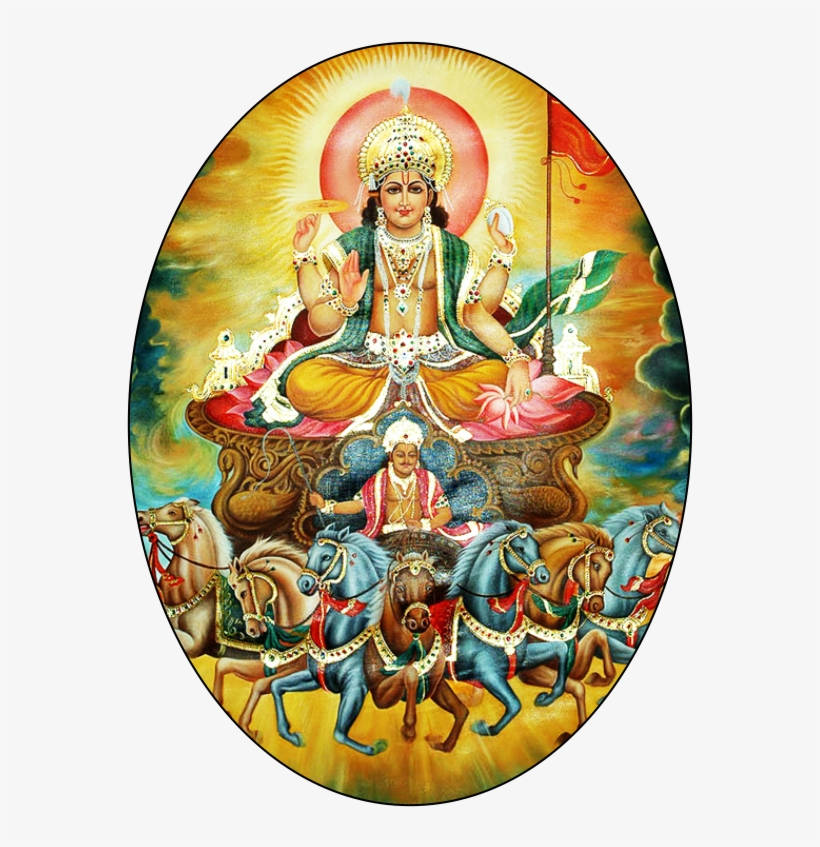 印度教神祇坐在由七匹馬拉動的戰車上，帶有光環。