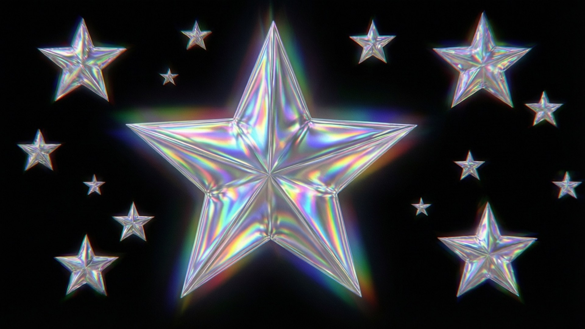 Holographic Center Star 壁紙 — 一顆發光的全息星星，帶有彩虹棱鏡反射，漂浮在較小的星星之間，背景是深邃的黑色虛空。
