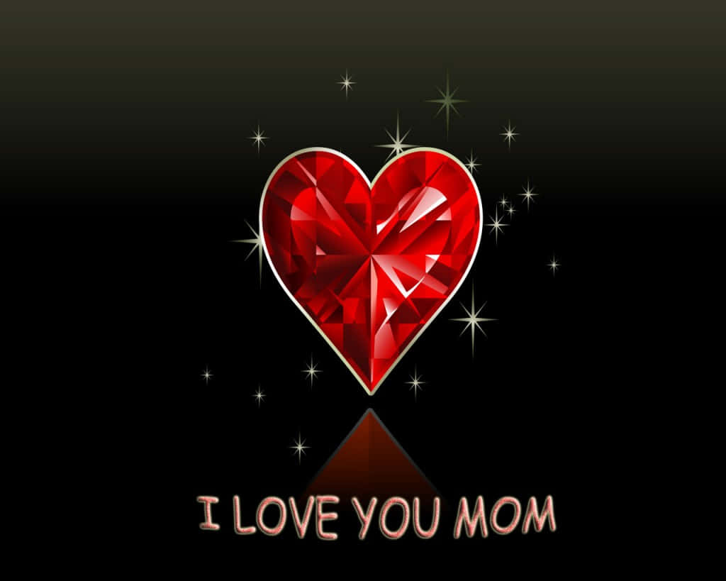 一顆發光的紅色寶石心臟，帶有星星和文字「I LOVE YOU MOM」。 — 粉紅色心形動圖 壁紙