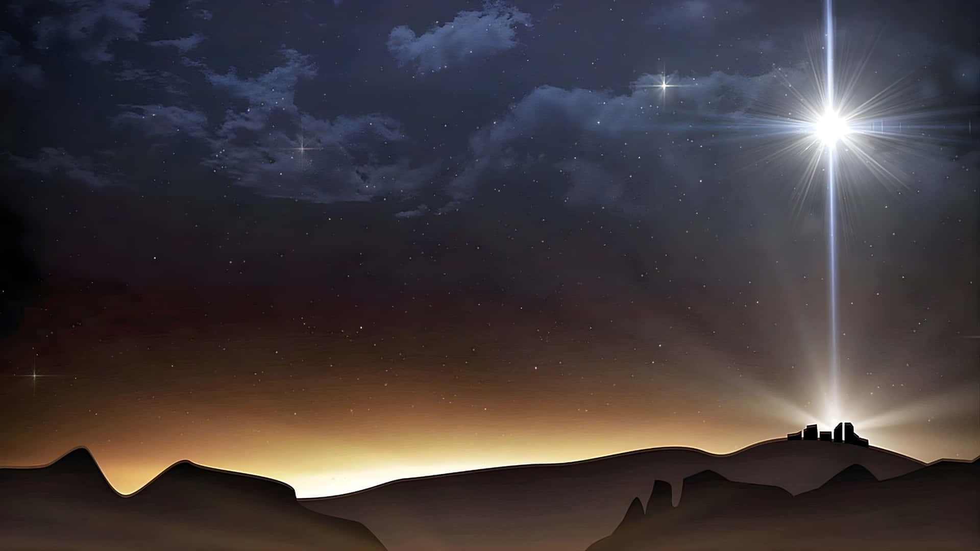  壁紙 — 一顆璀璨的星星在夜晚的沙漠剪影上方明亮地閃耀，將神聖的光芒灑在沙丘和遠處的廢墟上。
