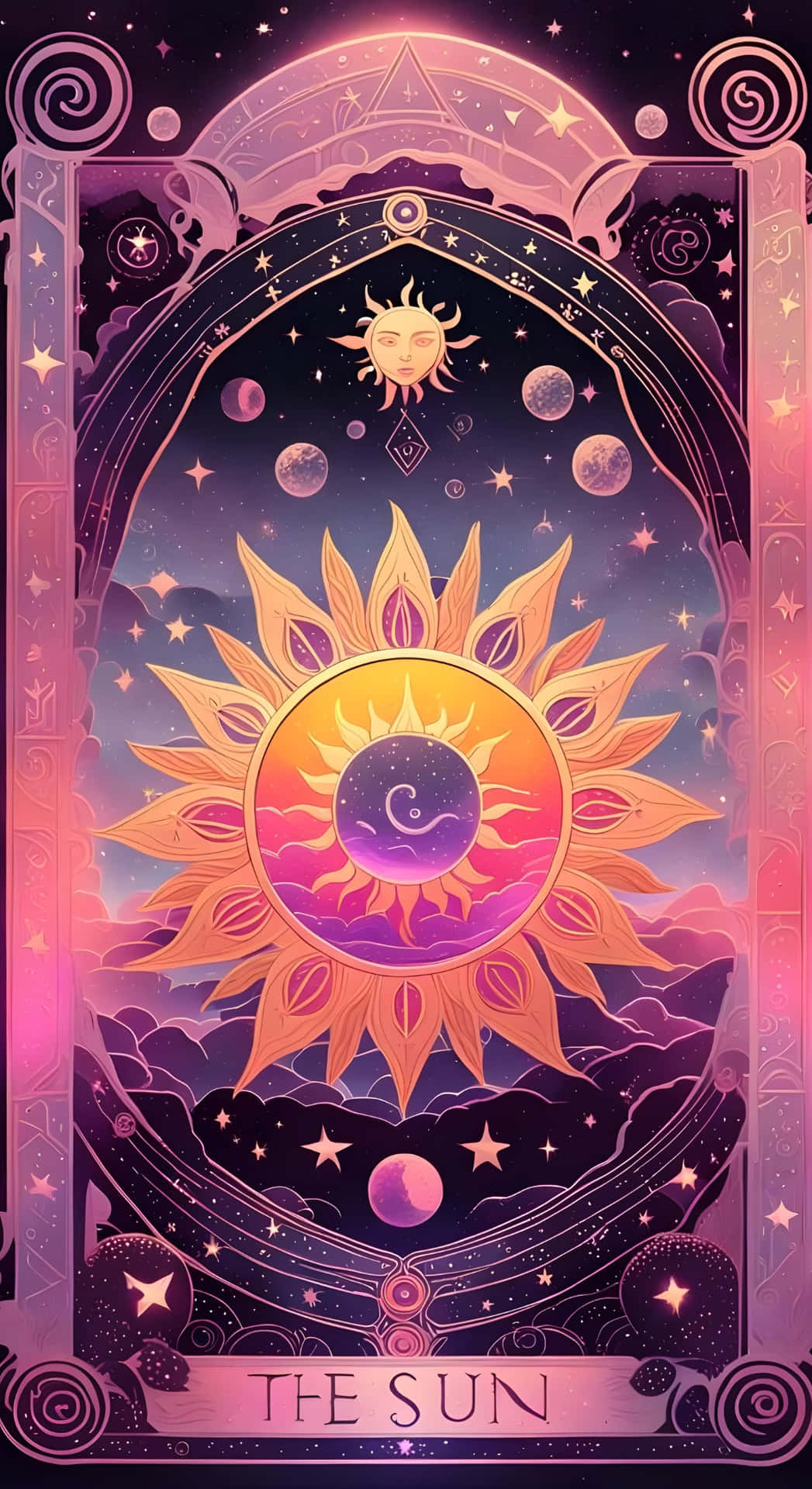  壁紙 — 一個帶有新月臉龐的燦爛太陽，在華麗拱門內閃耀，背景是星光燦爛的宇宙。