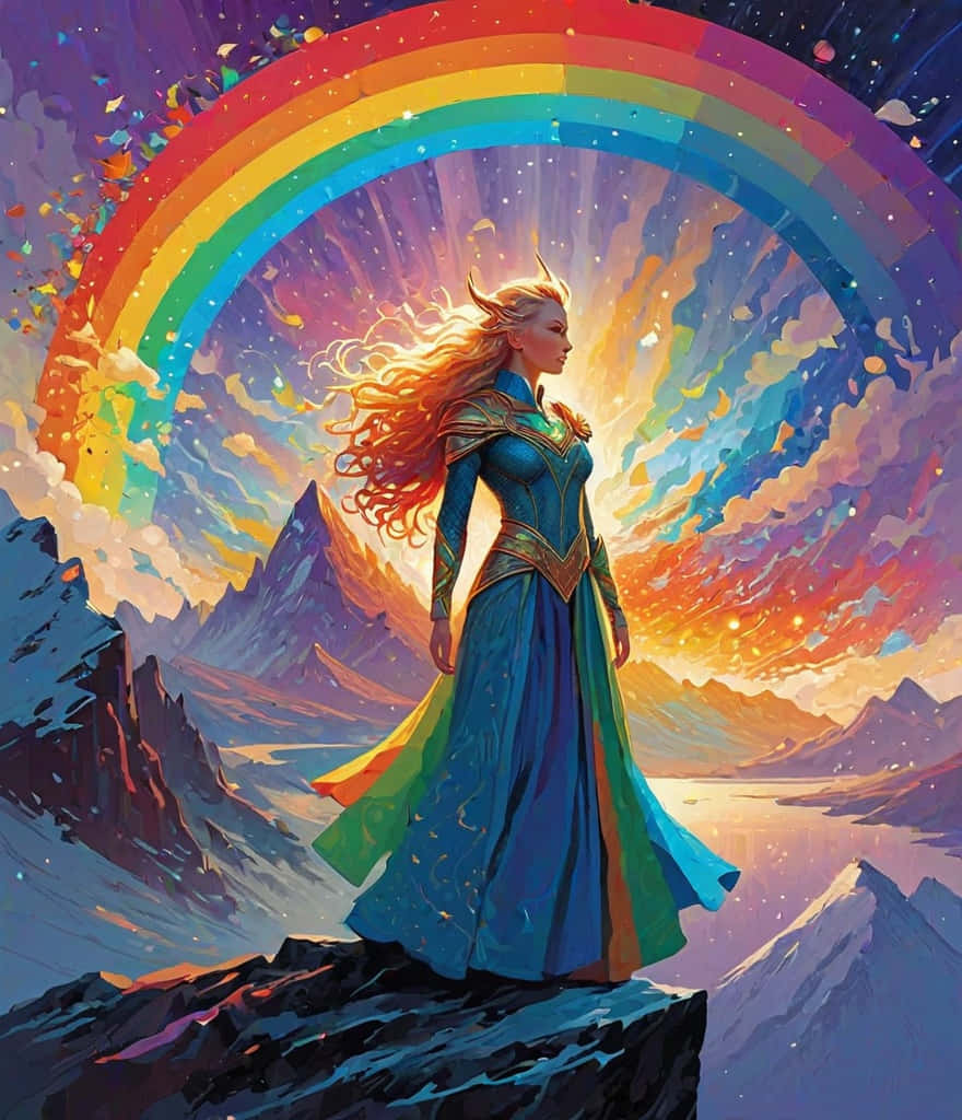  壁紙 — 一位光芒四射、長髮飄逸的女性站在山頂上，下方是絢麗的彩虹，拱跨星空和積雪的山峰。