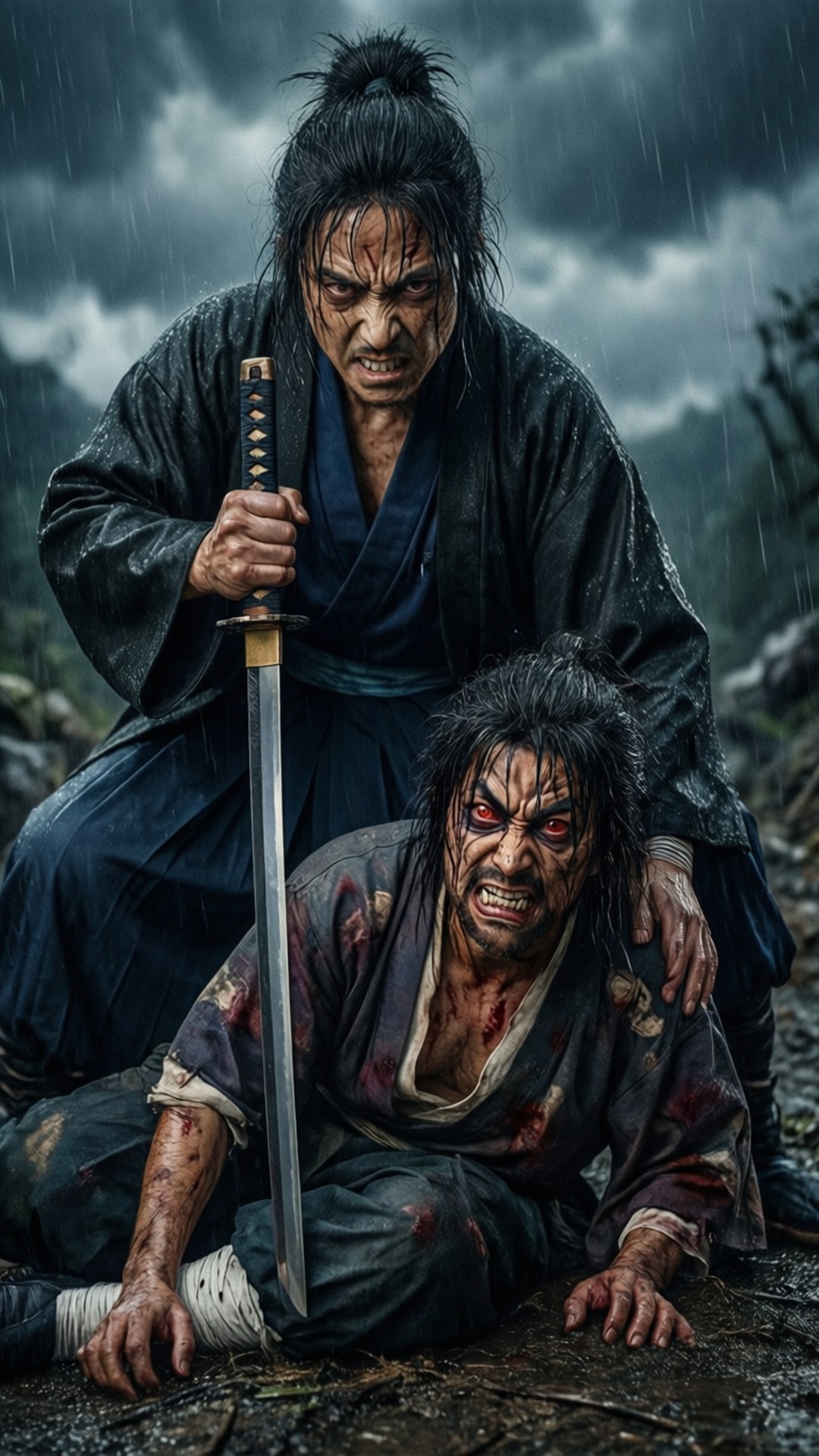 武士在雨林中持劍對著被擊敗的敵人。