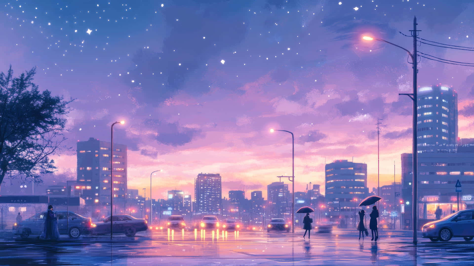  壁紙 — 黃昏時分，一條雨中的城市街道，在繁星點點的紫色天空下，發光的街燈倒映在濕漉漉的路面上。