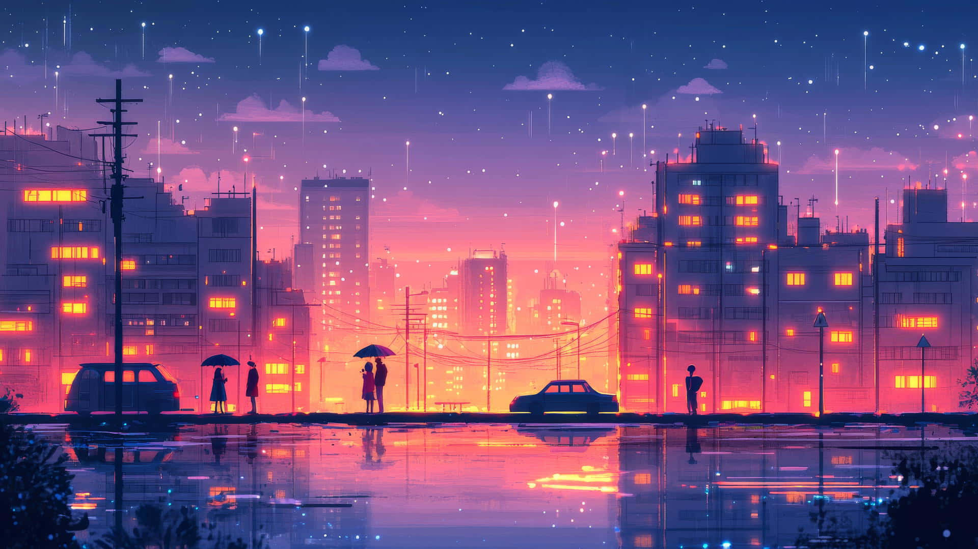  壁紙 — 黃昏時分，雨中的霓虹城市景觀，閃爍的窗戶映照在濕漉漉的路面上，上方是繁星點點的紫色天空。