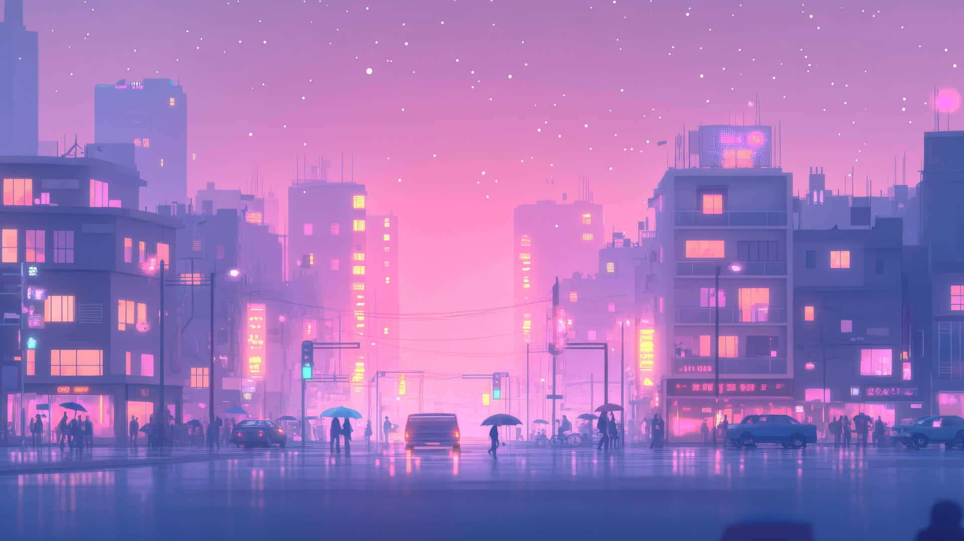  壁紙 — 黃昏時分，一條被雨水浸透、霓虹燈閃爍的城市街道，發光的建築物和人們在繁星點點的紫色天空下撐著雨傘。