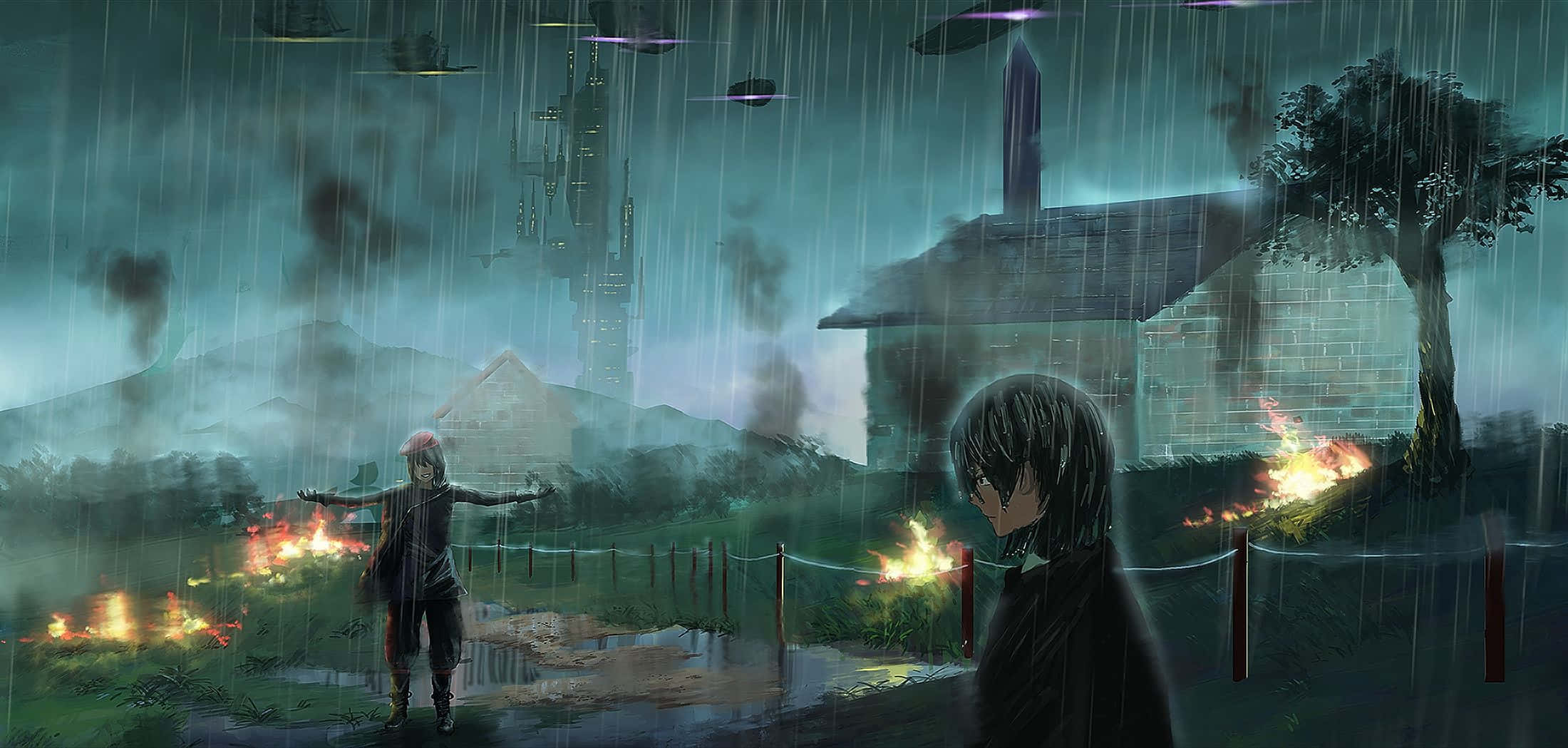Warzone 桌布 壁紙 — 一個雨夜場景，有兩個人物在燃燒的田野中，靠近一座破舊的房子和遠處的塔樓，天空風暴肆虐。