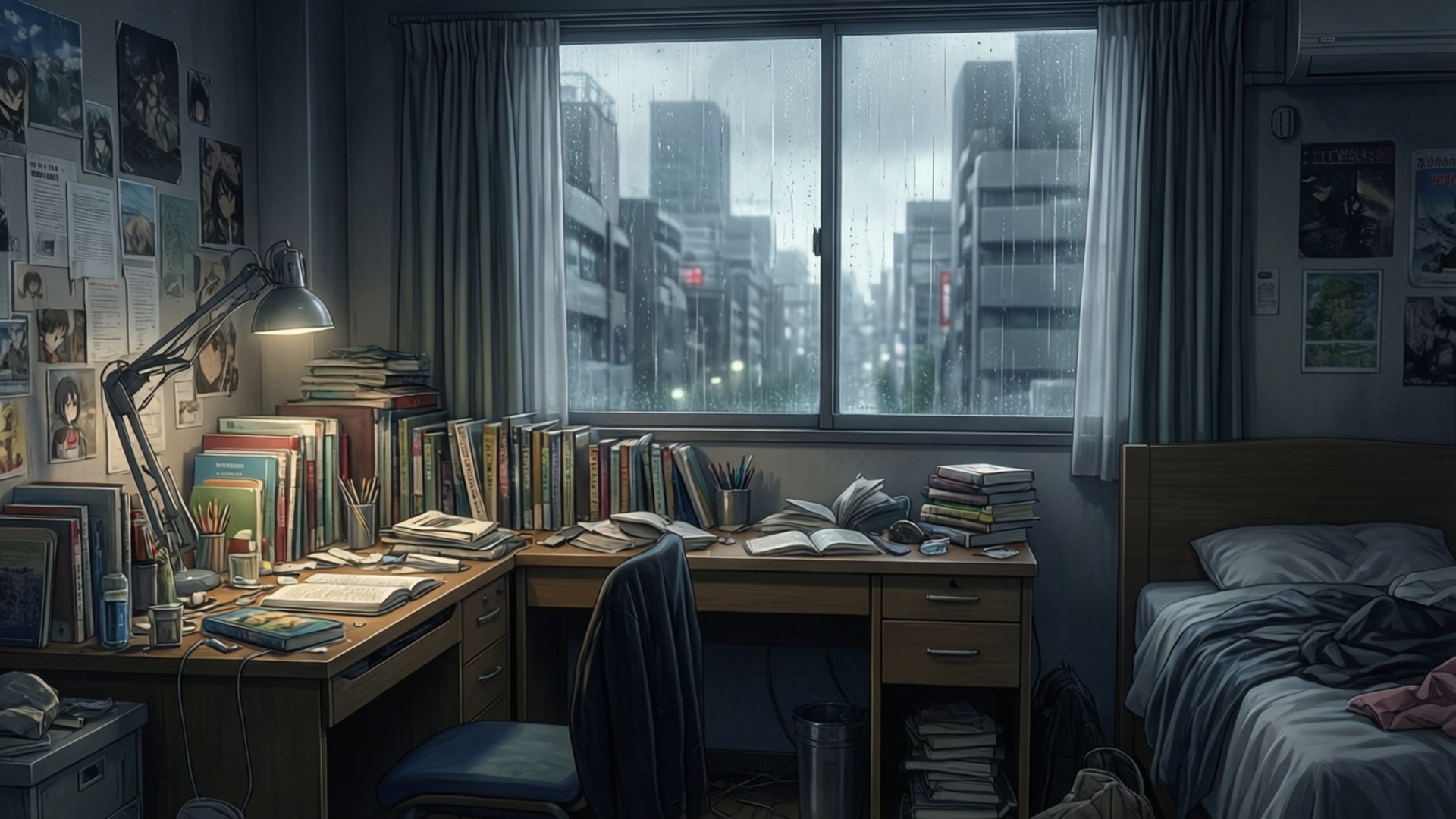 A Whisker Away 桌布 壁紙 — 從雜亂的學生臥室望出去的雨夜城市景觀，書桌燈亮著，書本堆疊。