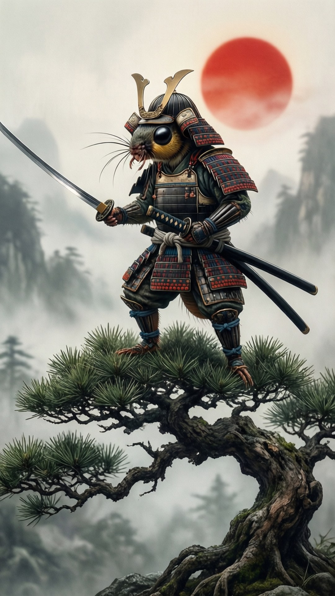 Mite 桌布 壁紙 — 一隻身穿精細盔甲的老鼠武士，站在一棵盤根錯節的松樹枝上，背景是霧氣繚繞的山巒和一輪發光的紅日。