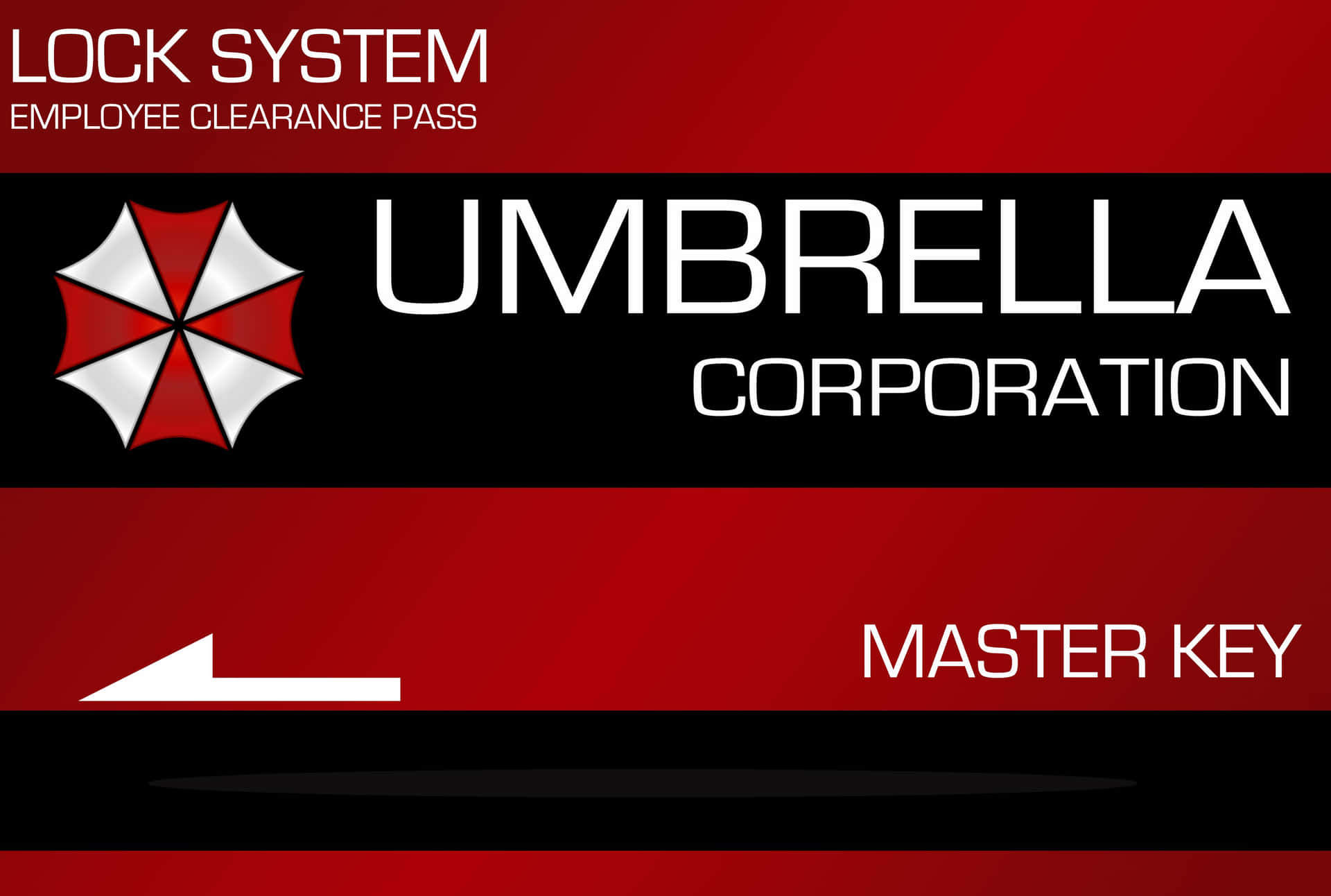 壁紙 — 一張紅色和黑色的Umbrella Corporation員工通行證，印有他們的標誌和主鑰匙指定。