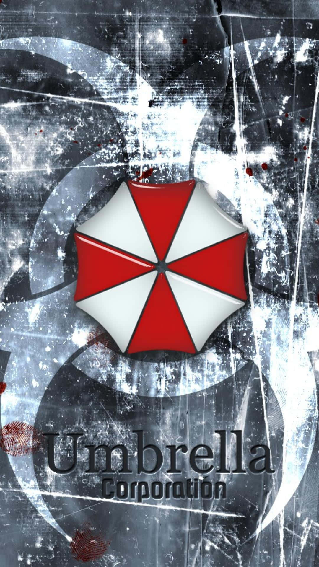  壁紙 — 保護傘公司的紅白雨傘標誌在帶有血跡和刮痕的粗糙金屬背景上格外突出。