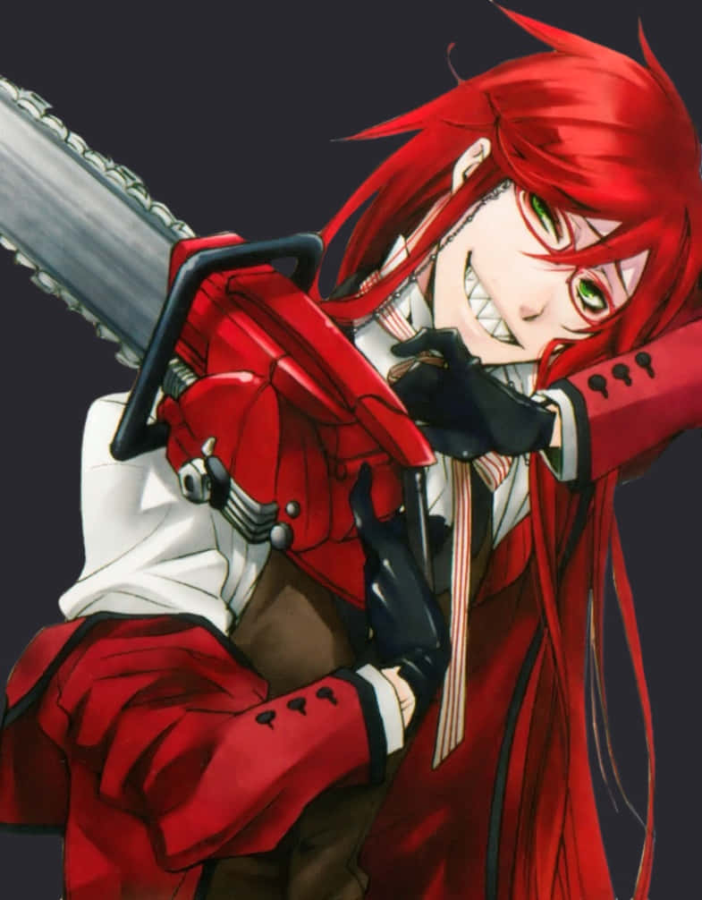 Grell Sutcliff 桌布 壁紙 — 一個紅髮綠眼的動漫角色在黑暗背景中揮舞電鋸咧嘴而笑。