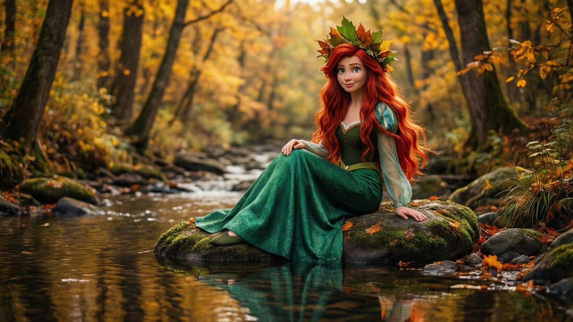 桌布 壁紙 — 一位紅髮美人魚穿著綠色長袍，優雅地坐在金色秋林溪流中長滿苔蘚的石頭上。