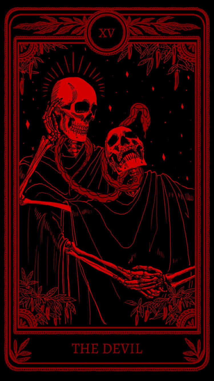  壁紙 — 紅色墨水插圖，描繪一個骷髏人物手持被鎖鏈束縛的頭骨，背景為黑色並帶有華麗邊框。