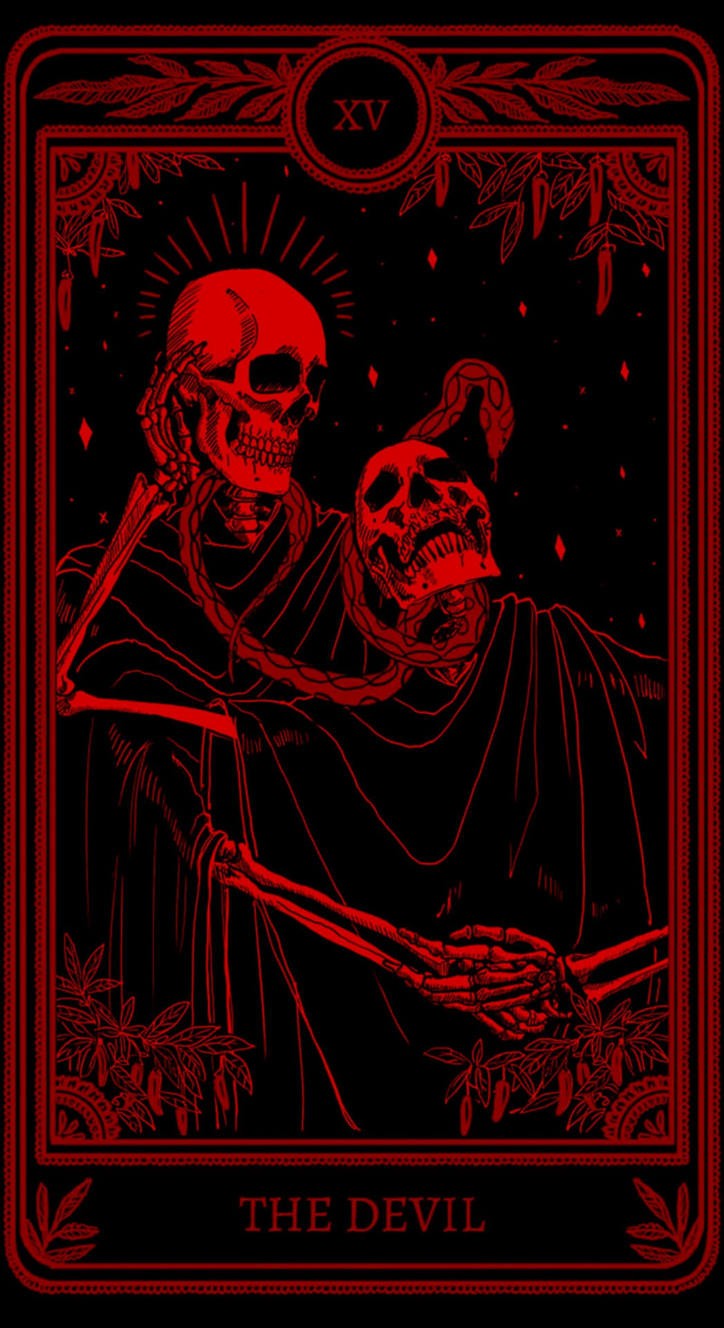  壁紙 — 一張紅色線條藝術塔羅牌，描繪魔鬼與被鎖鏈束縛的骷髏人物，背景為黑色。