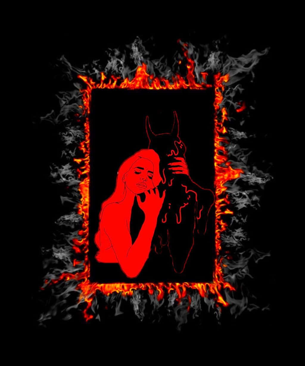 黑紅美學中的女性與惡魔 壁紙 — 一個紅色輪廓的女人和魔鬼剪影，被咆哮的火焰框住，背景為黑色。