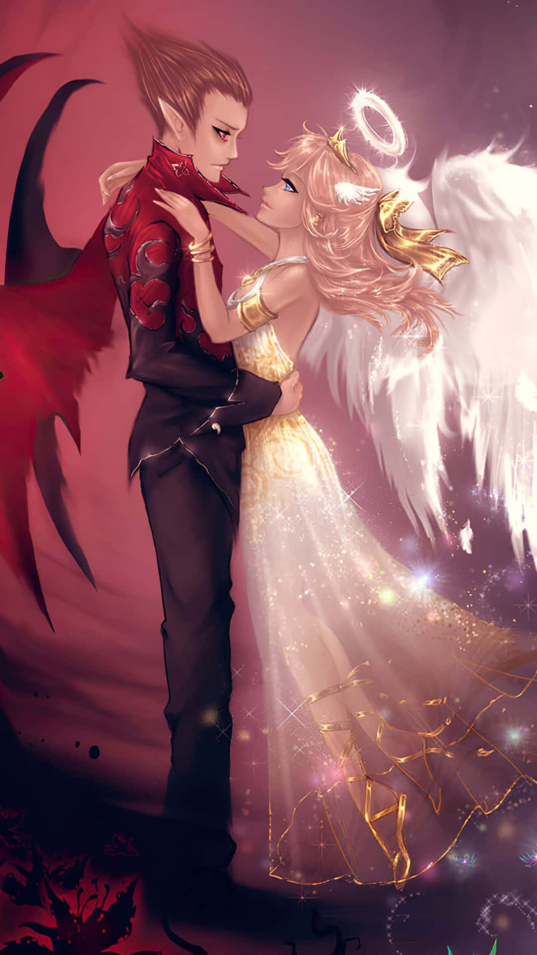  壁紙 — 一隻紅翼惡魔在深粉紅色背景下擁抱發光天使，形成戲劇性的浪漫對峙。