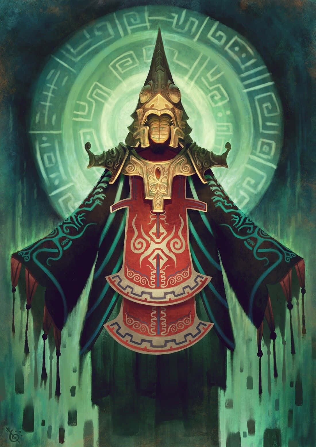  壁紙 — 一個戴著尖刺頭盔的威嚴裝甲人物站在一個裝飾著複雜圖案的發光綠色圓形符號前。