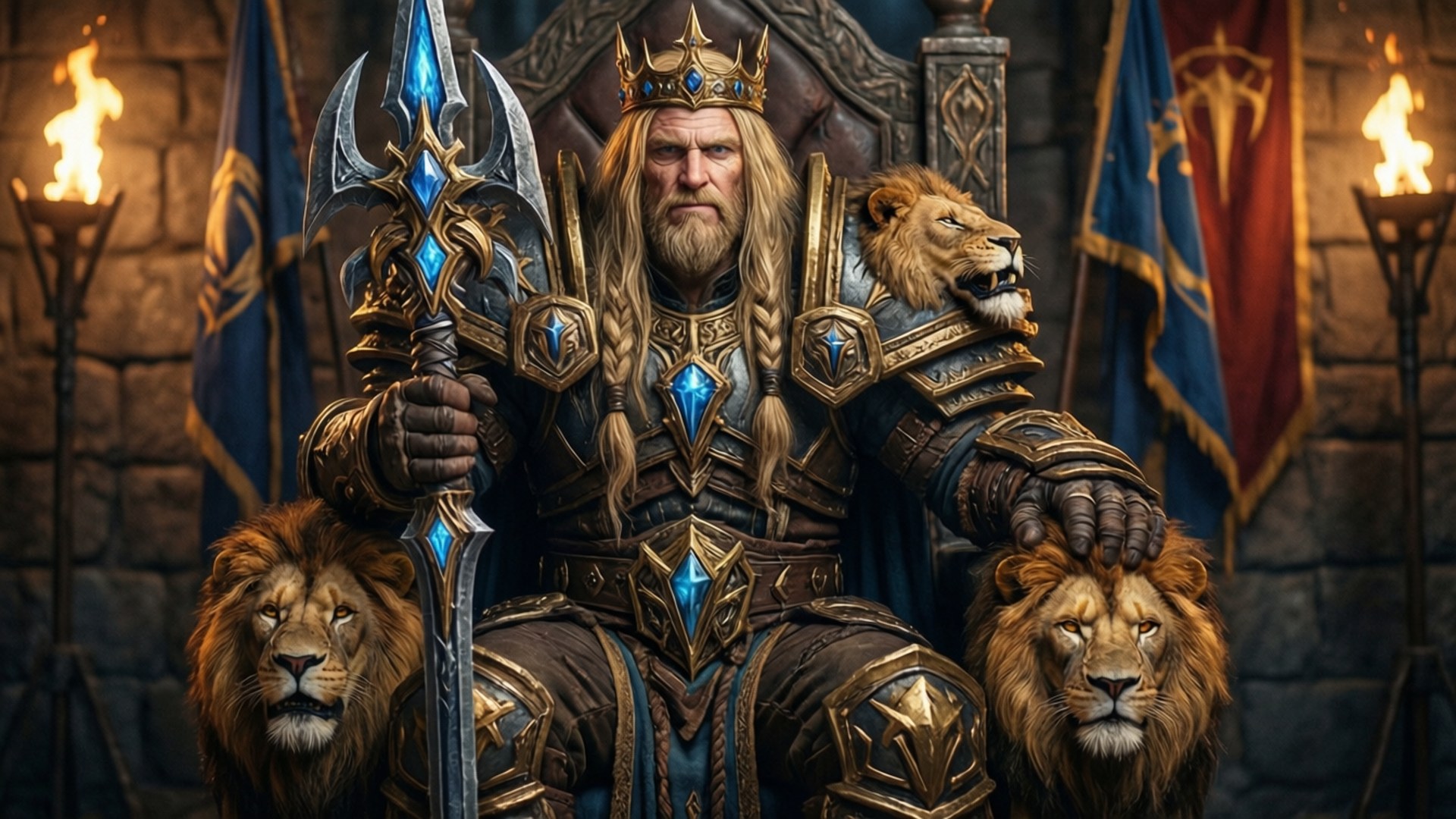 Varian Wrynn 桌布 壁紙 — 一位威嚴的鎧甲國王，戴著王冠，手持藍寶石劍，坐在由兩頭獅子守護的火炬照亮石廳中的王座上。