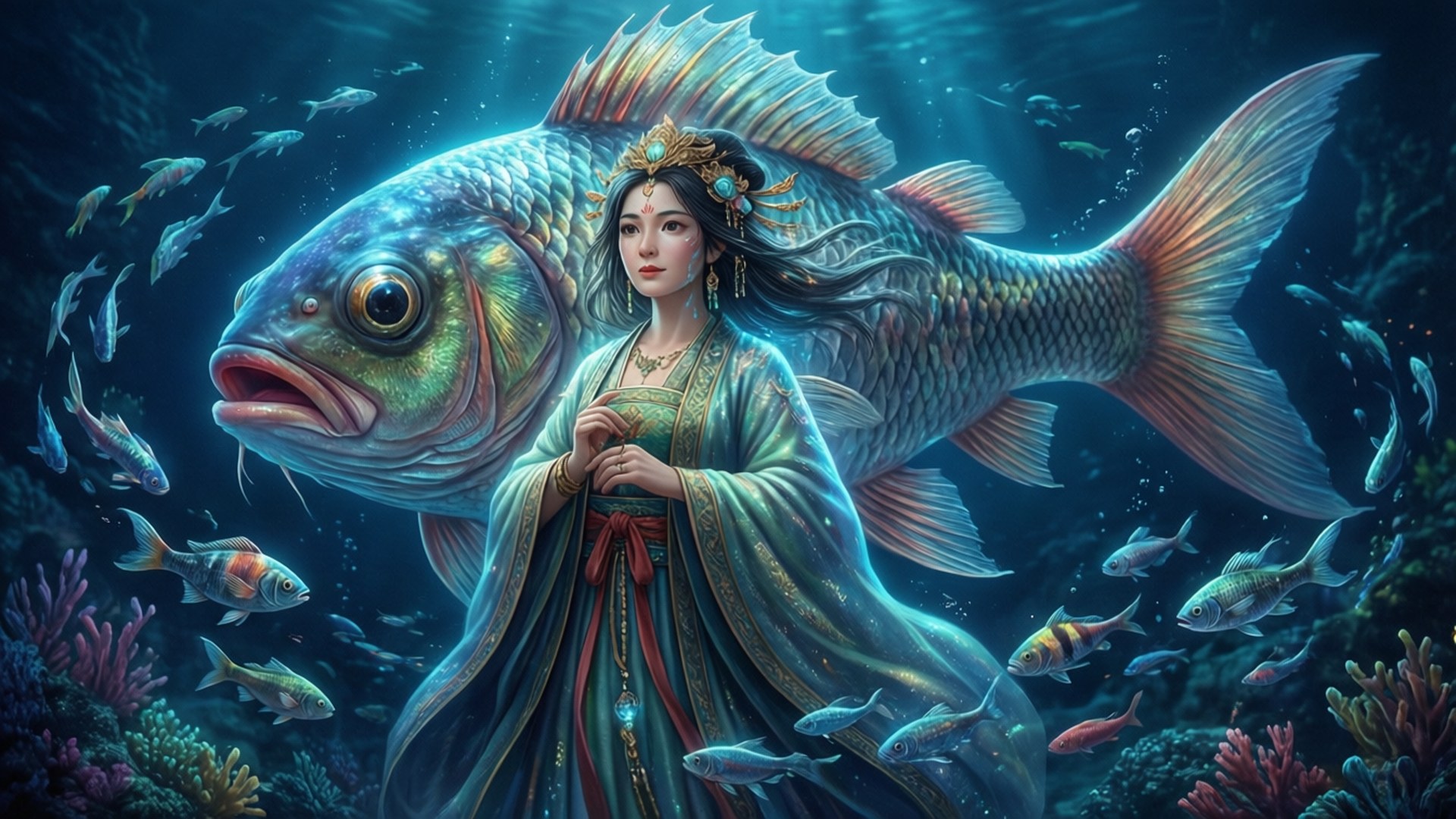 Granmamare Appears 壁紙 — 一位身穿飄逸長袍的華麗美人魚，在深藍色海洋中，站在一條巨魚旁邊，周圍是色彩繽紛的珊瑚和成群的小魚。
