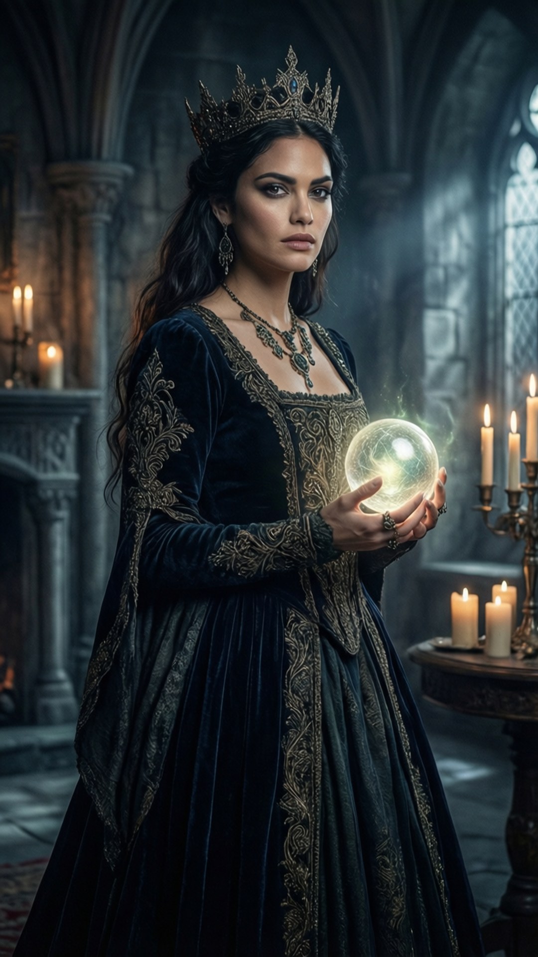 phoebe tonkin 桌布 壁紙 — 一位高貴嘅女士穿著深色天鵝絨長袍，喺燭光點綴嘅哥德式大教堂中手持發光嘅水晶球。