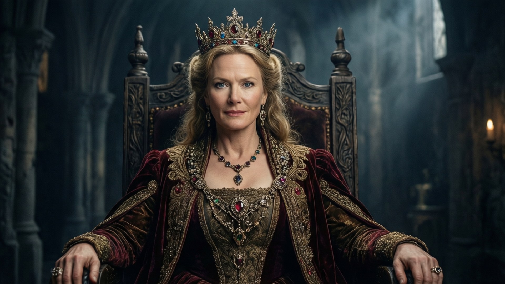 Kate Winslet 桌布 壁紙 — 一位高貴的女性，戴著華麗的王冠，穿著鑲有寶石的長袍，威嚴地坐在哥德式大教堂的黑暗王座上。