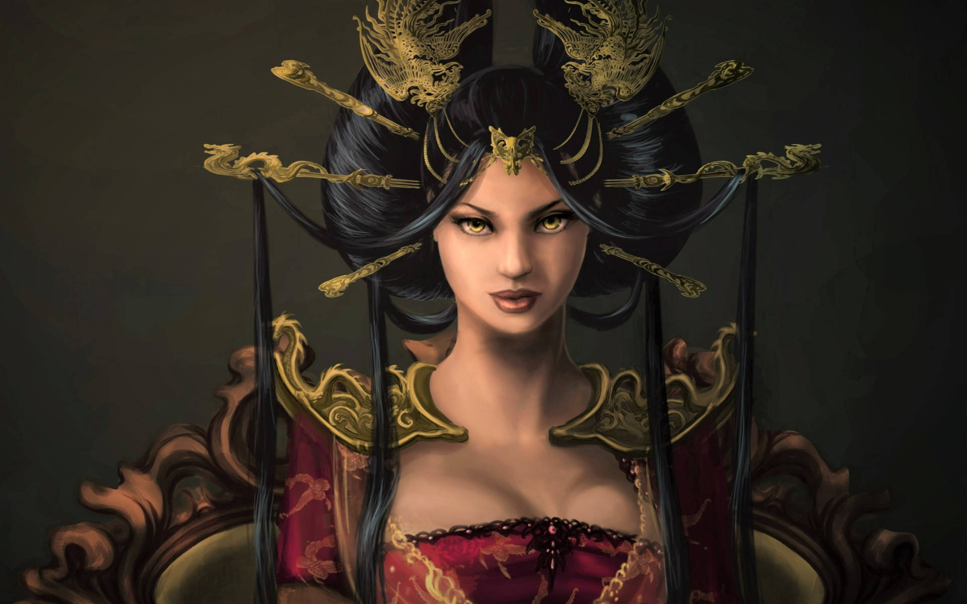 東方女性幻想藝術 壁紙 — 一位高貴的女性，黑髮上飾有金色鳳凰飾品，身穿紅金色華麗長袍，背景為深色。