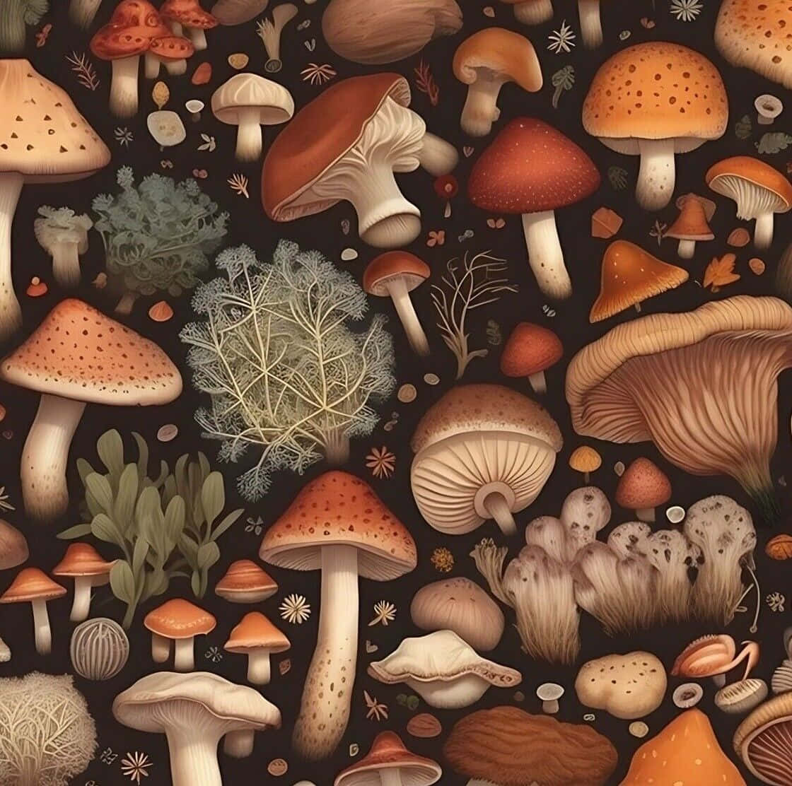  壁紙 — 一幅細節豐富的插圖，描繪了多種蘑菇和森林植物，背景為深色。