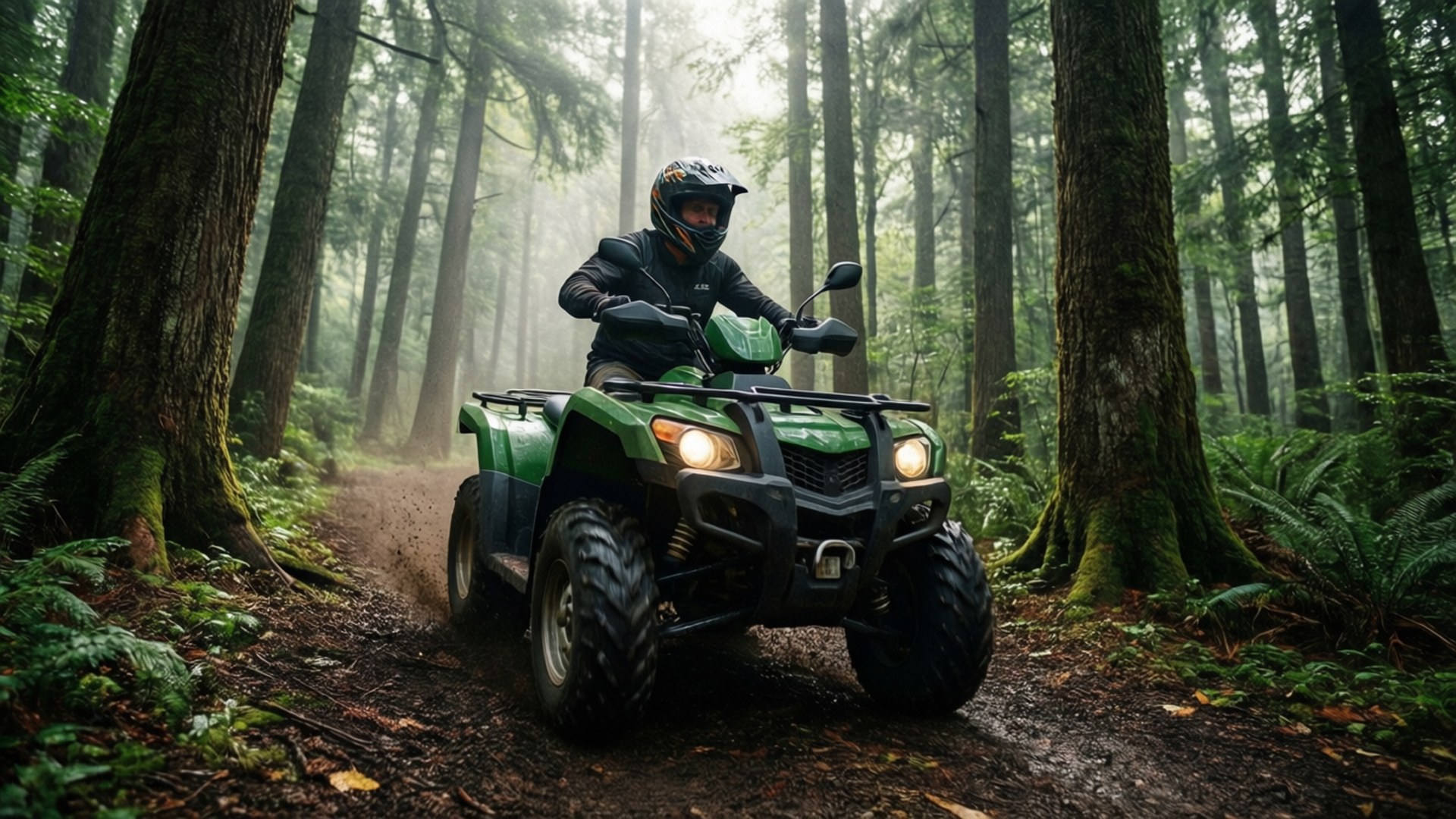 Four Wheelers 桌布 壁紙 — 一名全副裝備的騎手駕駛綠色ATV穿越迷霧森林，森林中有高聳的苔蘚覆蓋的樹木和蕨類植物。
