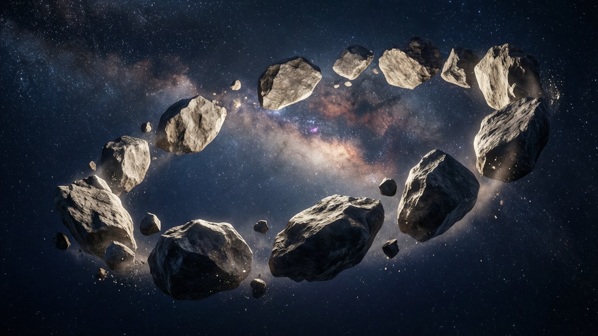 桌布 壁紙 — 一個由崎嶇小行星組成的環，漂浮在充滿星星和發光星雲的鮮豔宇宙背景前。
