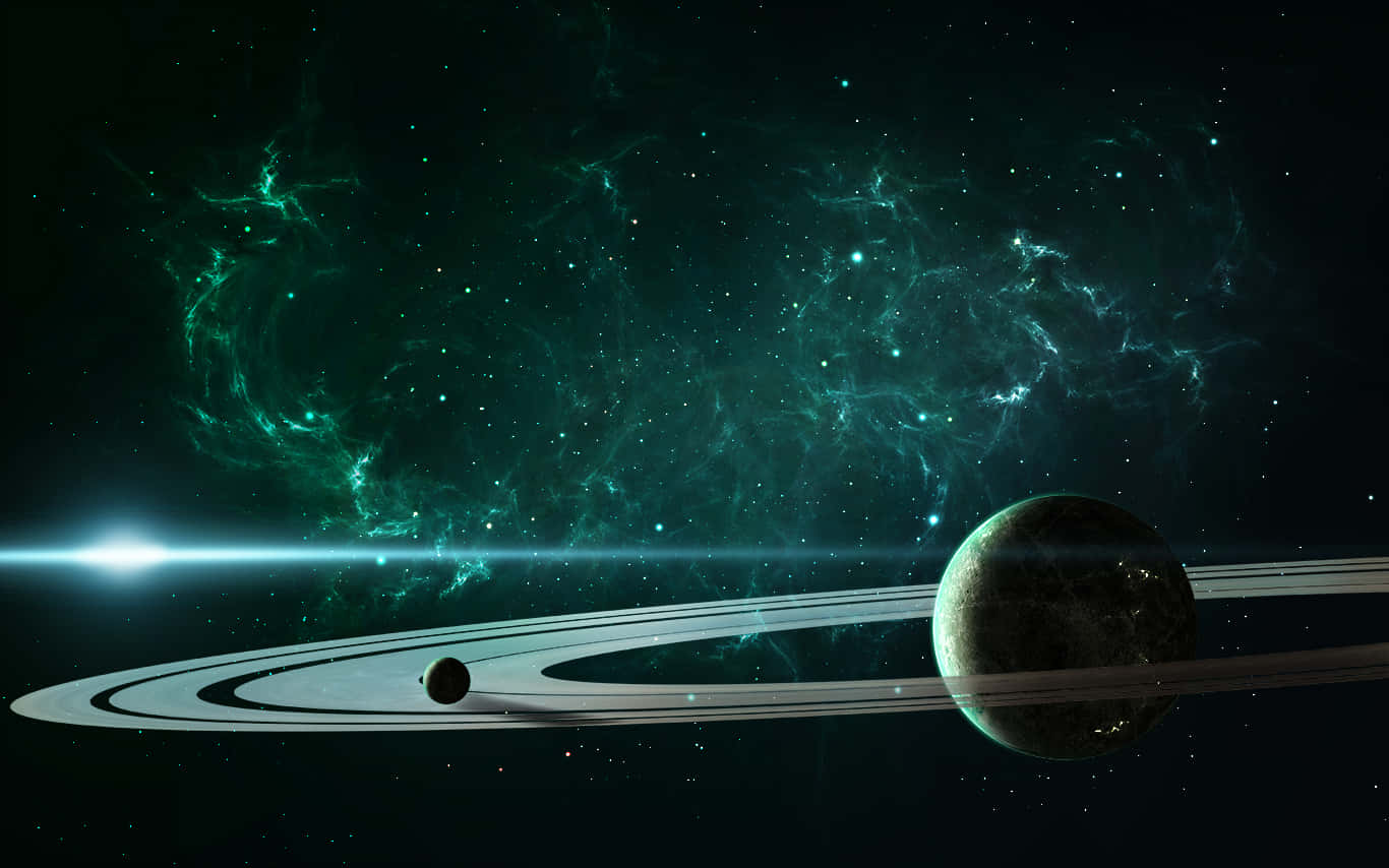  壁紙 — 一顆帶有光環的行星和一顆發光的衛星在充滿活力的青綠色星雲和遙遠的恆星之間運行。