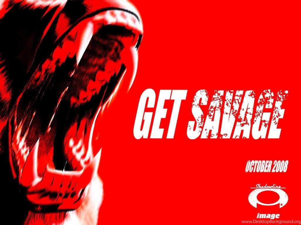 一隻咆哮的老虎，背景為紅色，帶有 'get savage' 文字。