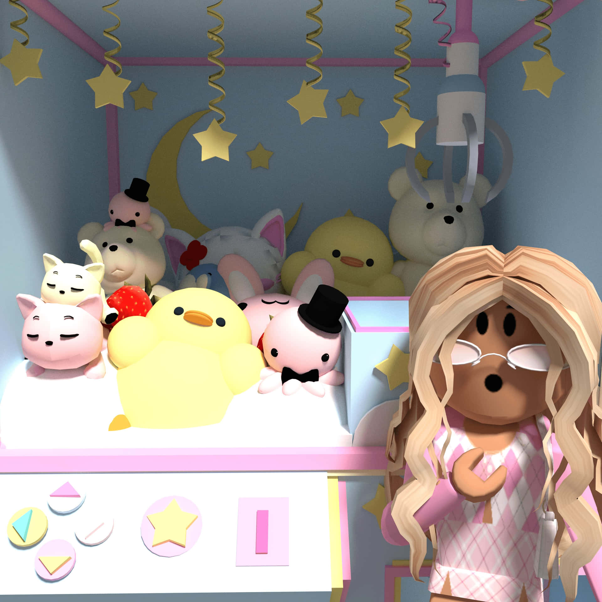  壁紙 — 一個戴眼鏡、金髮的Roblox角色站在一張佈滿星飾、放滿可愛毛絨玩具的床邊。