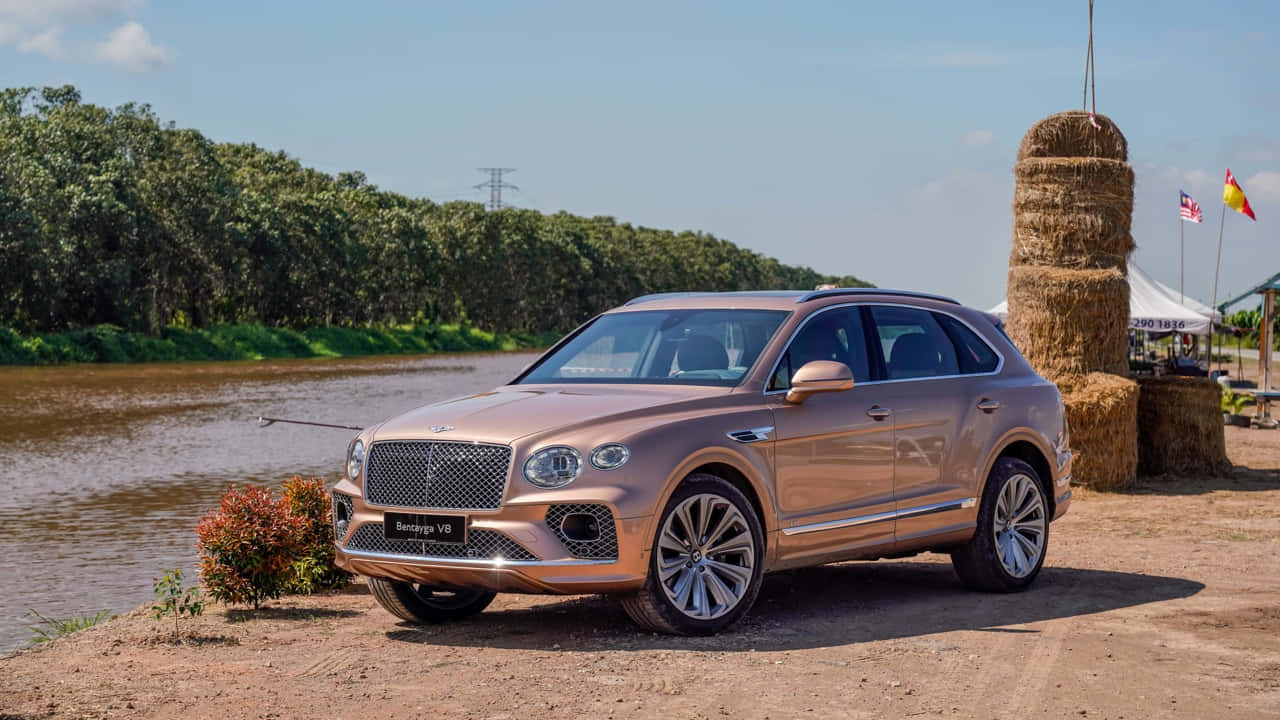 Bentley Bentayga 桌布 壁紙 — 一輛玫瑰金賓利Bentayga V8停泊在河岸邊，旁邊有乾草捆和旗幟，在清澈的藍天下。
